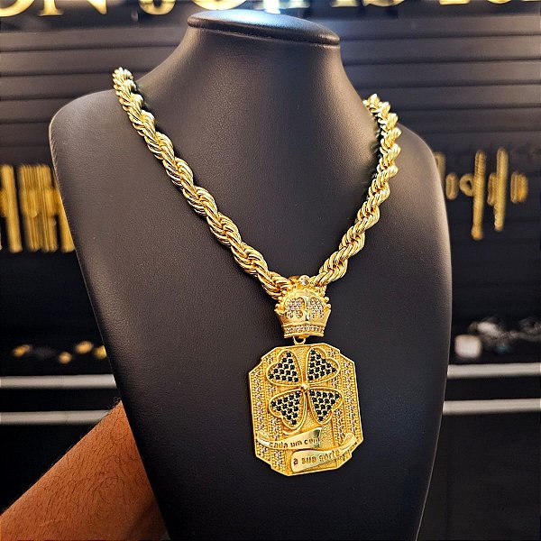 Corrente Cordão Baiano 12mm Fecho Gaveta Duplo 750 + Pingente Trevo Cada um com sua Sorte  - Banhado a Ouro 18k