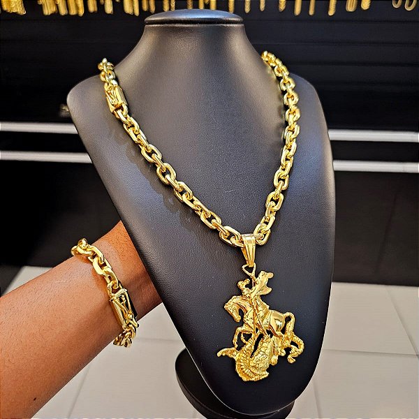 Corrente + Pulseira Cadeado 12mm Fecho Gaveta + Pingente São Jorge G - Banhado a Ouro 18k
