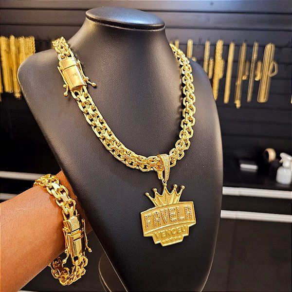 Corrente + Pulseira Cadeado Duplo 15mm Fecho Gaveta Duplo 750 + Pingente Favela Venceu G - Banhado a Ouro 18k