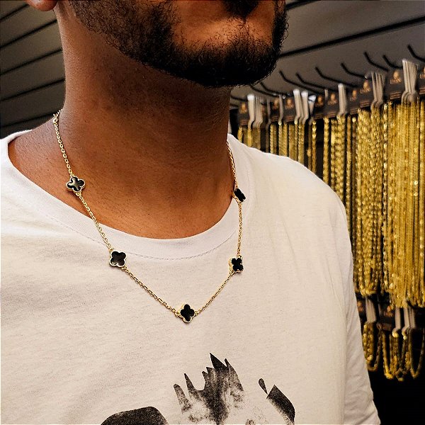 Corrente Cadeado VAN CLEEF Trevo / Corrente Neymar - Banhado a Ouro 18k
