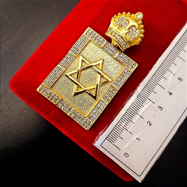Pingente Estrela de Davi Placa com Coroa Cravejado - Banhado a Ouro 18k