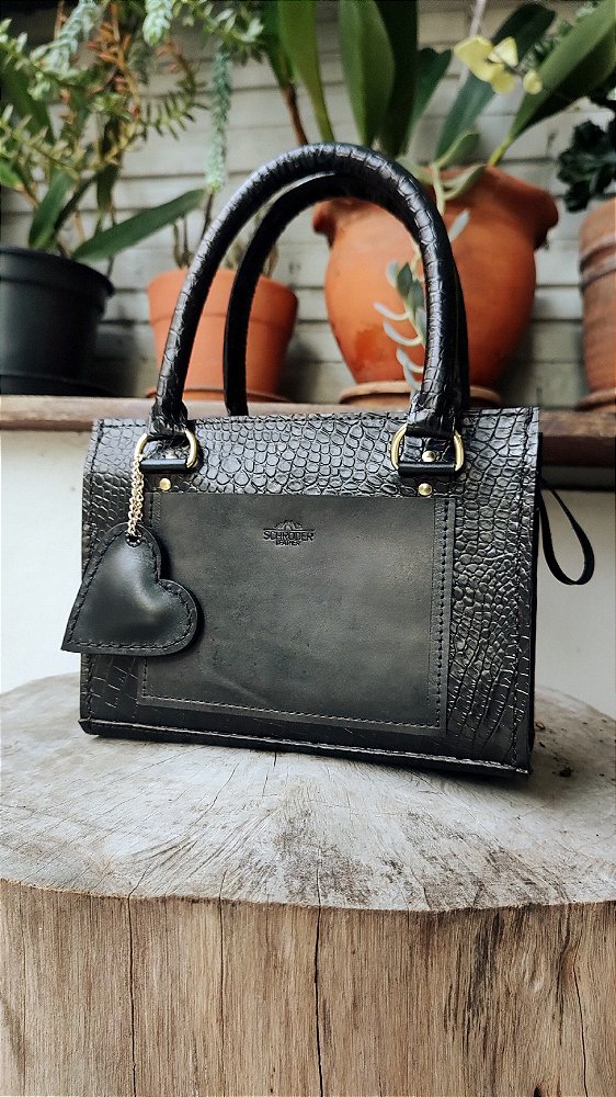 Bolsa Estruturada Lisi Em Couro Croco Preta