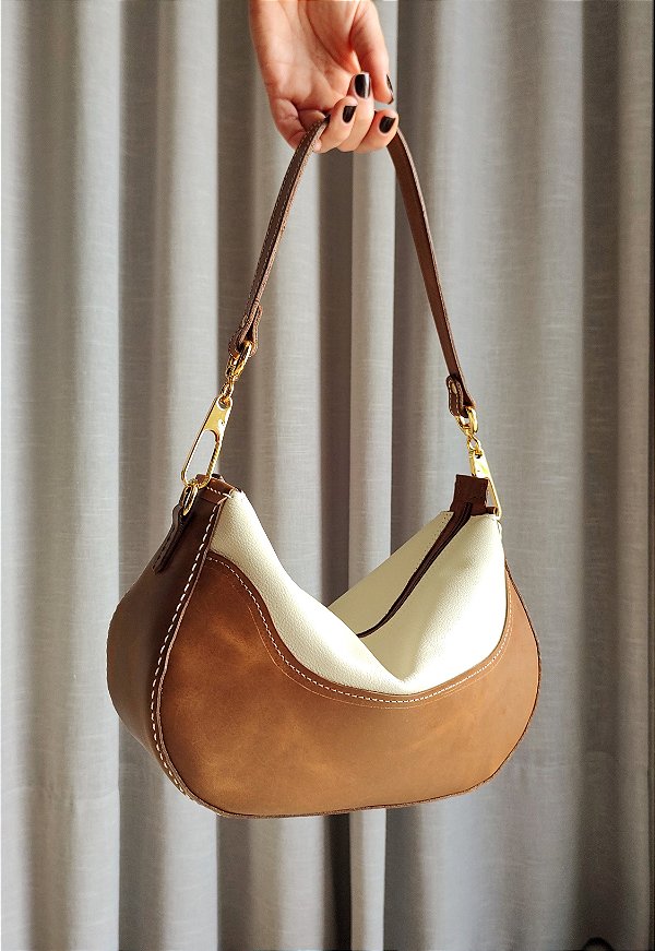 Bolsa Duo Em Couro Castanho/Off White