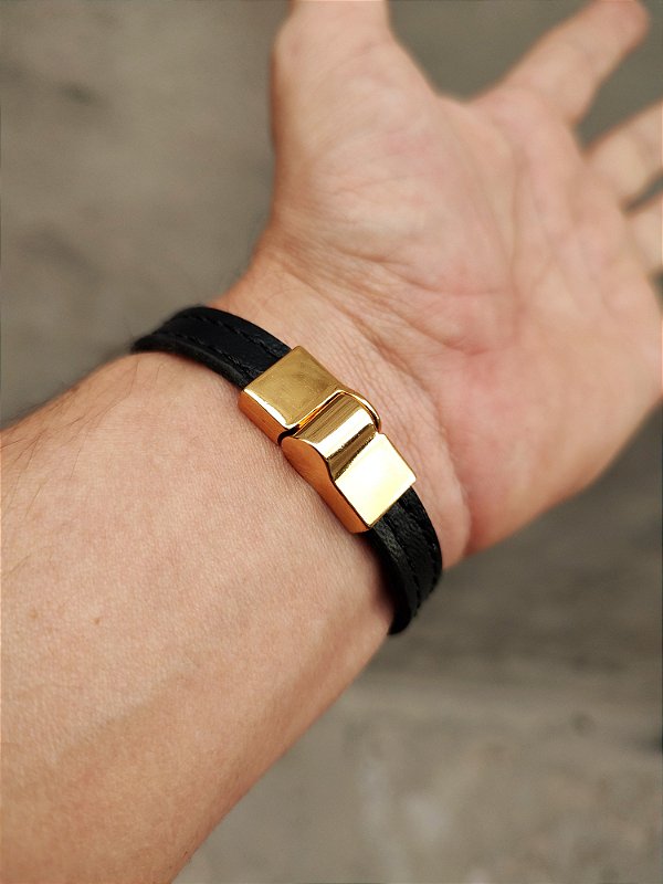 Pulseira Click Em Couro Preto