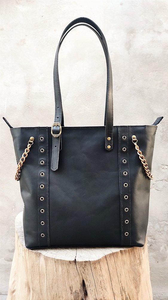 Bolsa Tote Rock Em Couro Preta