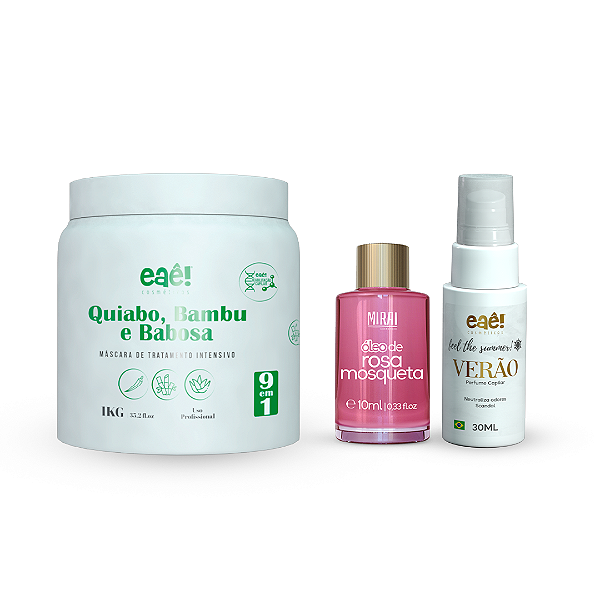 Máscara de Tratamento Quiabo, Bambu e Babosa + Óleo De Rosa Mosqueta 10ml  Capilar + Perfume Capilar Verão