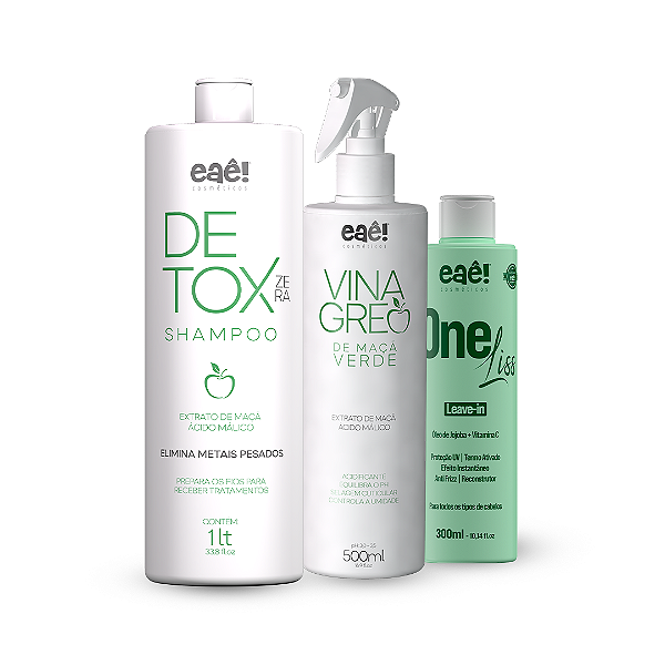 Shampoo Detox Eaê! Cosméticos + Vinagre de Maça Verde Eaê! Cosméticos + One Liss Eaê! Cosméticos