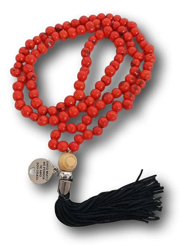 Japamala com Semente de Açaí Laranja - 108 Contas, Medalha Ho'oponopono e Tassel de Seda
