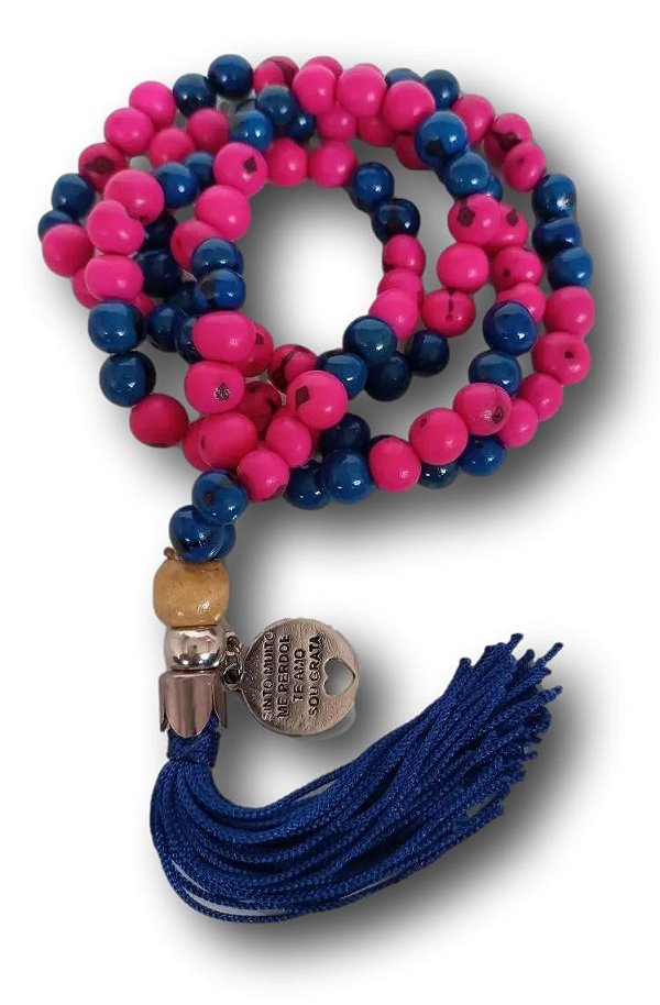 Japamala 108 Contas de Açaí Pink com Azul Marinho | Medalha Ho'oponopono e Tassel de Seda - Bijuterias Exclusivas