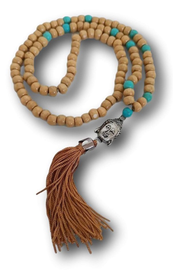 Japamala de Madeira com Pedra Howlita Turquesa: Energia Zen com Pingente Buda e Tassel de Seda