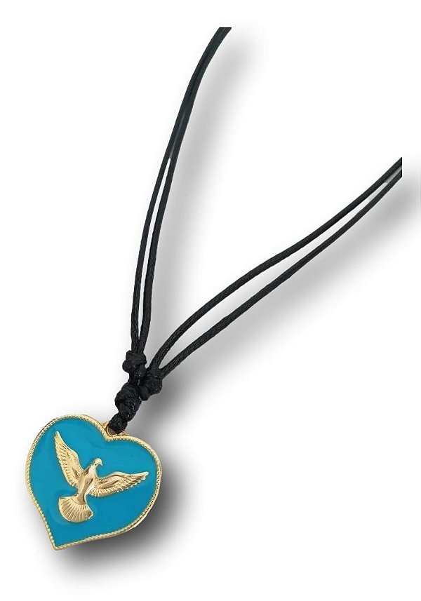Colar Cordão Pomba da Paz: Símbolo do Espírito Santo com Pingente de Coração em Ouro Banhado e Resina Azul Turquesa