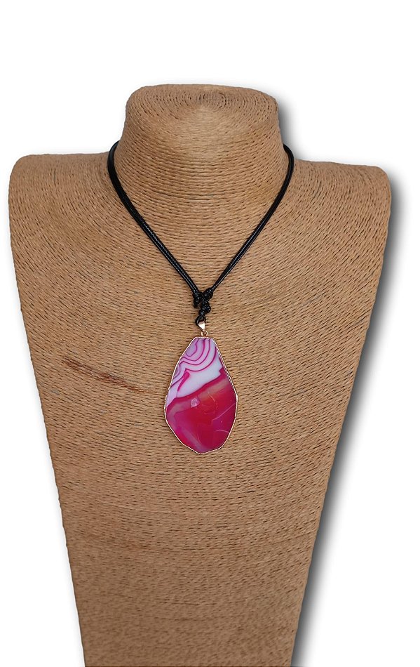 Colar Cordão Pingente Pedra Ágata Rosa Ajustáve Ref.2406