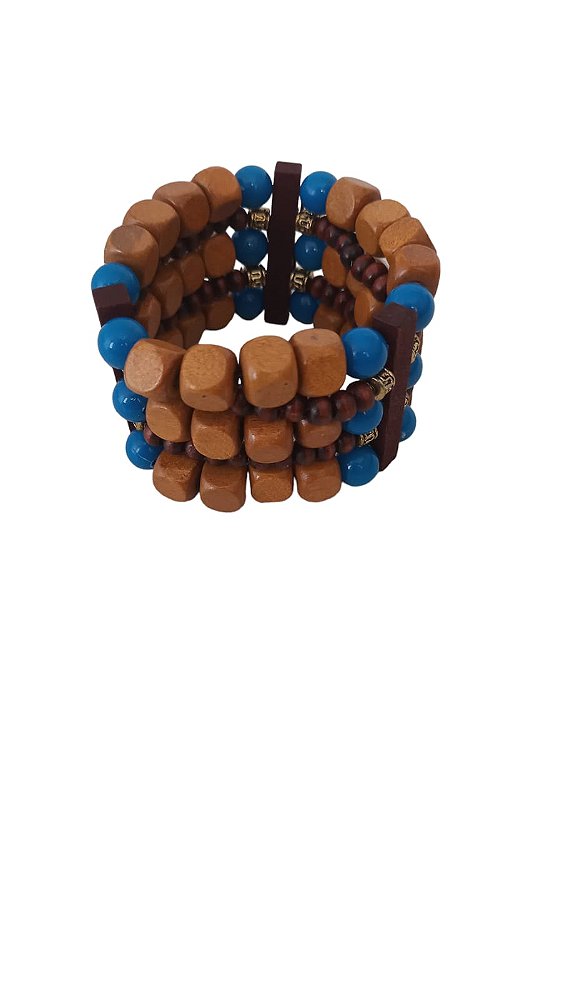 Pulseira Feminina Artesanal: Contas de Madeira Marrom e Acrílico Azul - Toque Natural e Elegância em Cada Detalhe