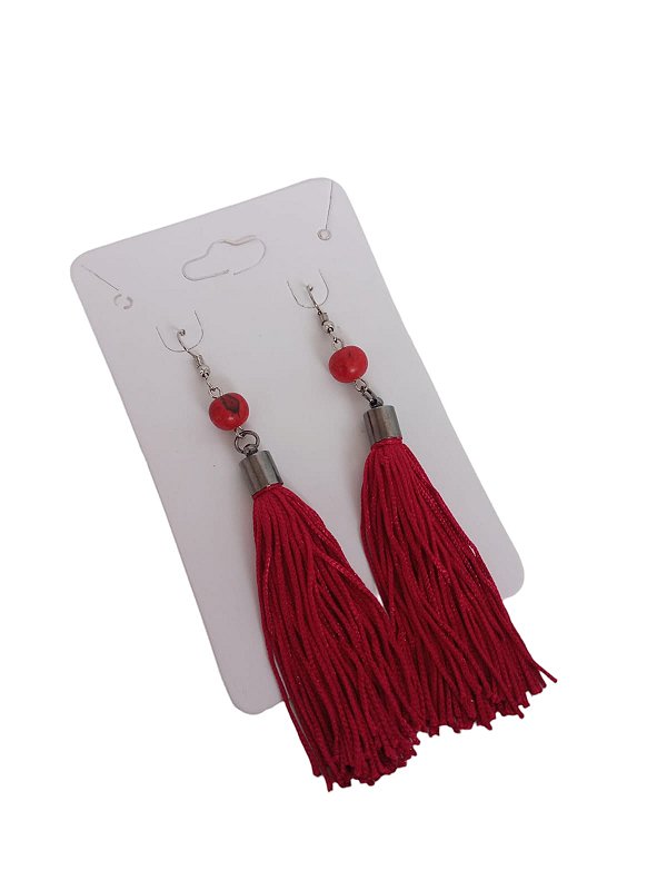 Brinco Pingente Tassel de Seda Vermelho com Sementes de Açaí - 10cm