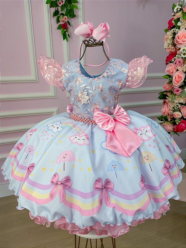Vestido Infantil Princesa Temático Chuva De Benção-Chuva de amor-Nuvem Azul