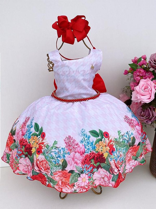 Vestido Infantil Banana Club Rosa com Branco Flores Cinto de "Perolas"