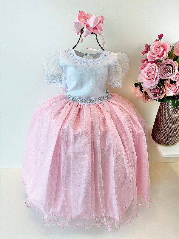 Vestido Infantil Marie Longo Branco com Rosa Bebê Cinto de "Perolas"