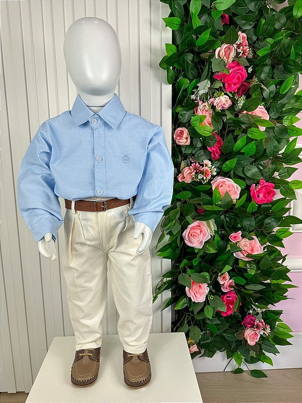 Conjunto Masculino Miss Cherry Social Azul com Calça Palha