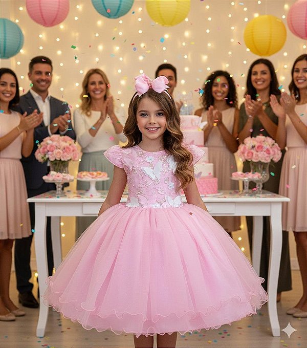 Vestido Marie Jardim Encantado Rosa Bebe Borboleta Branca