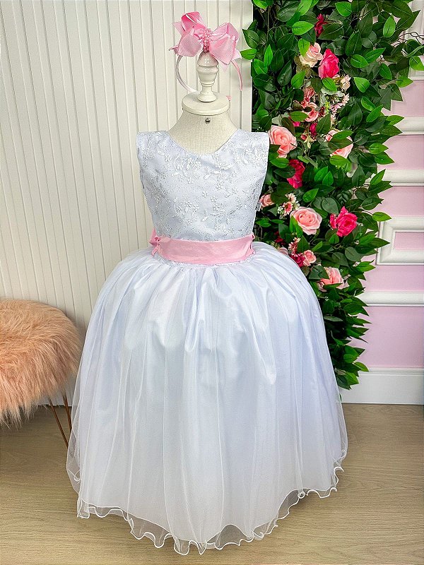 Vestido Marie Longo Branco Laço Rosa