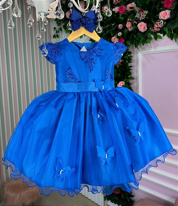 Vestido Marie Rendado Azul Royal Borboletas