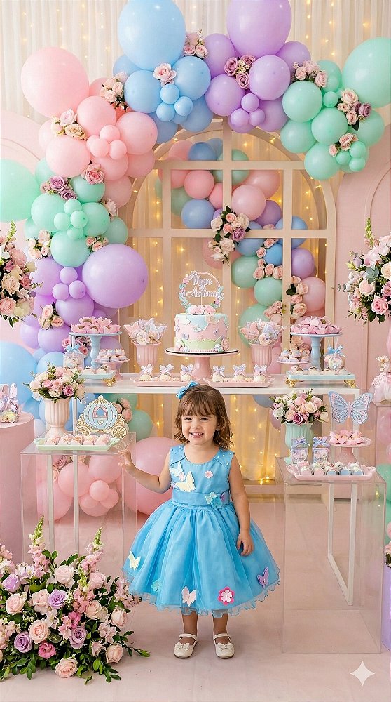 Vestido Princesa Belli Anabel Jardim Encantado Azul Turquesa