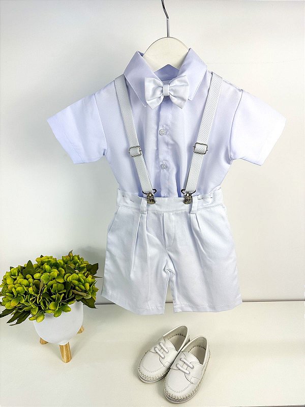 Conjunto Miss Cherry Social Bebe Branco Suspensório