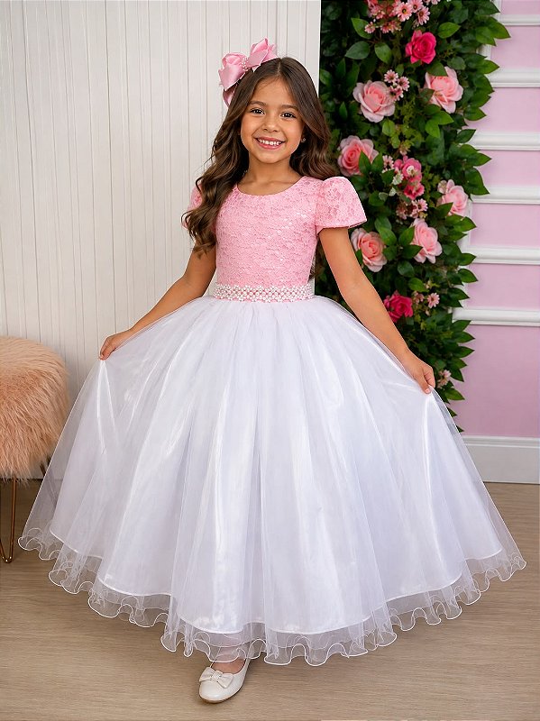 Vestido Enjoy Longo Mari Peito Rendado Rosa Bebe Saia Branca