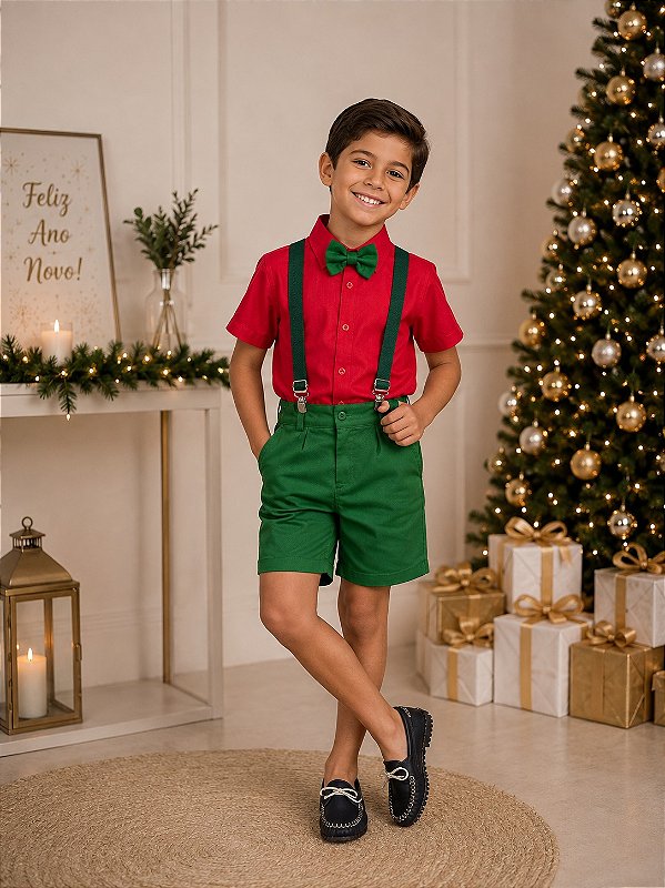 Conjunto Miss Cherry Henry Camisa Vermelha Suspensorio Verde