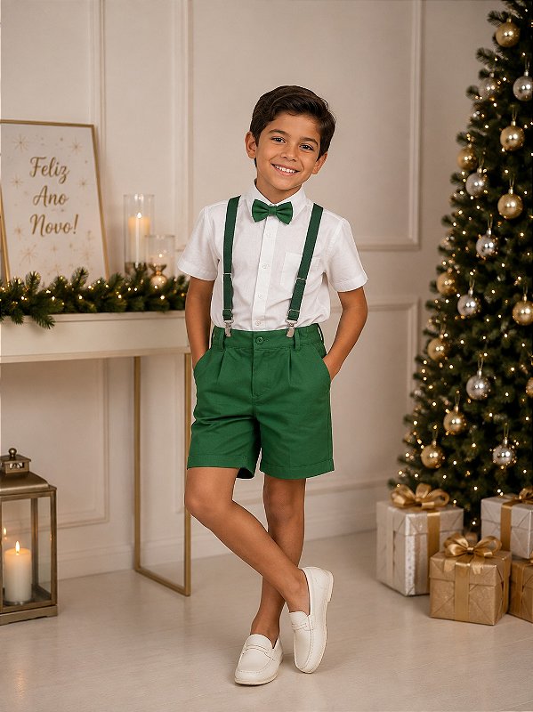 Conjunto Miss Cherry Henry Camisa Branca Suspensorio Verde