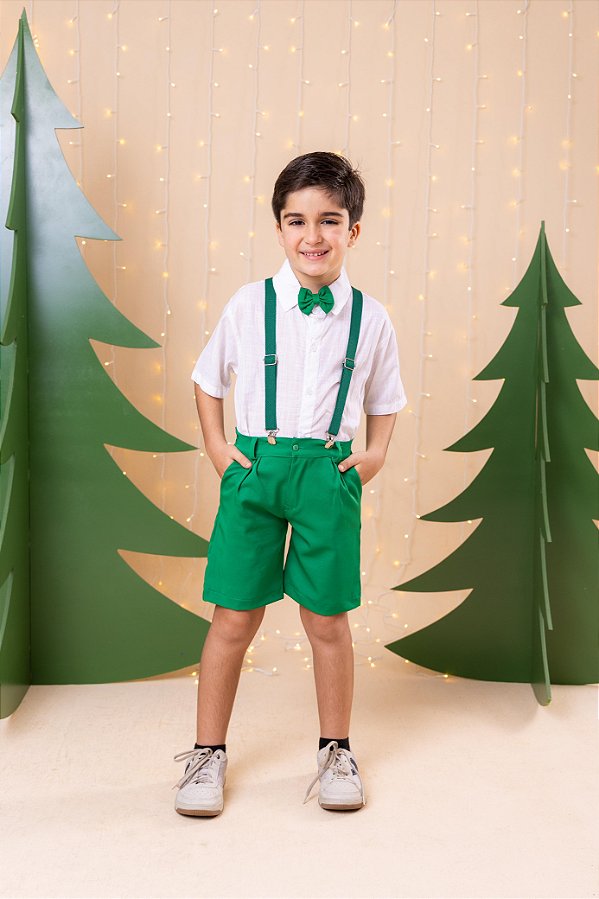 Conjunto Miss Cherry Henry Camisa Branca Suspensorio Verde