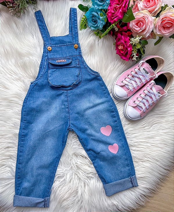 Jardineira Blogueirinha Jeans Calça Coração