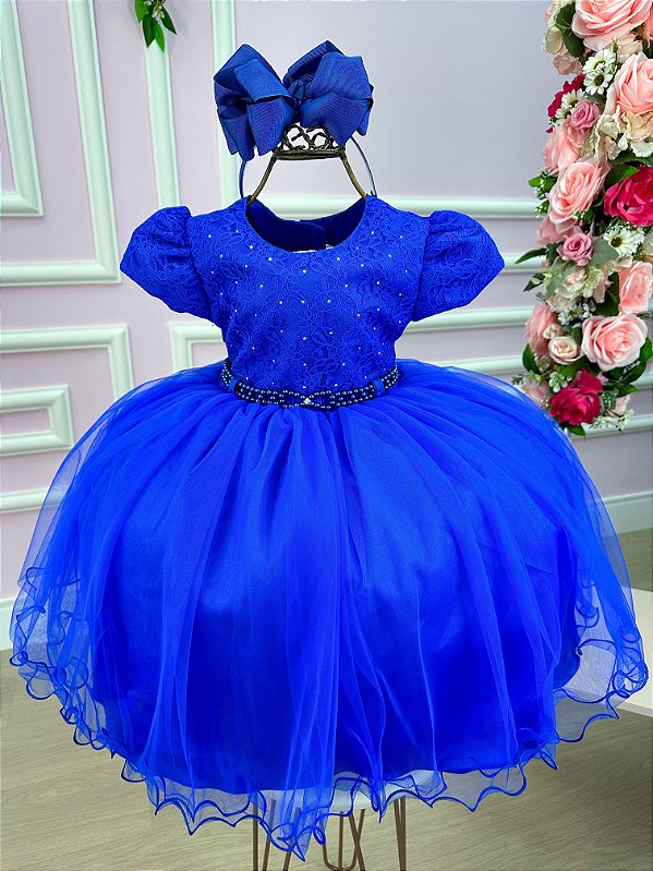 Vestido Menina Bonita Azul Royal Peito Rendado