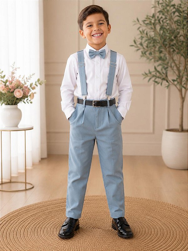Conjunto Meninos Miss Cherry Leo Suspensorio Azul Claro