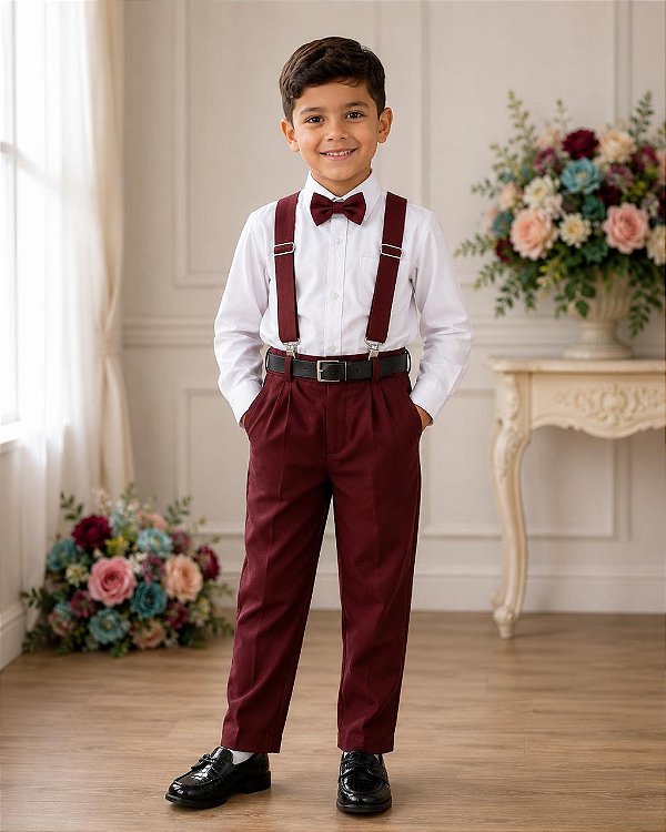 Conjunto Meninos Miss Cherry Leo Suspensorio Marsala