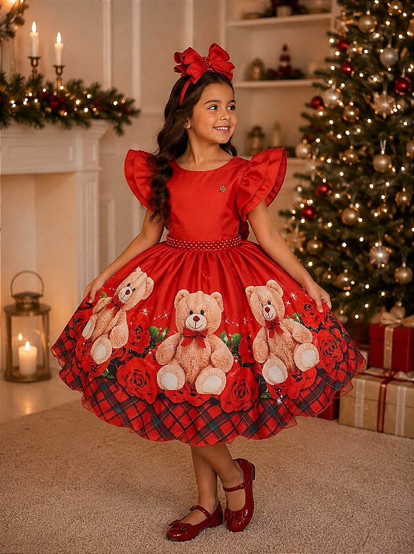 Vestido Banana Club Vermelho Ursinho Flores Natal