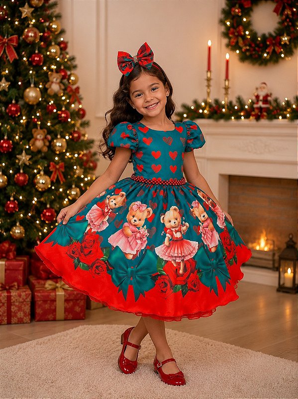 Vestido Mimadine Ursinho Verde Natal