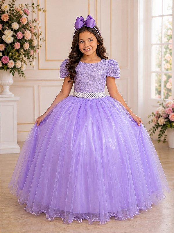 Vestido Enjoy Longo Laura Lilas Rendado