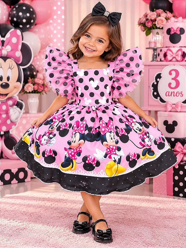 Vestido Temáticos Kids Minnie/Minie Rosa Com Preto