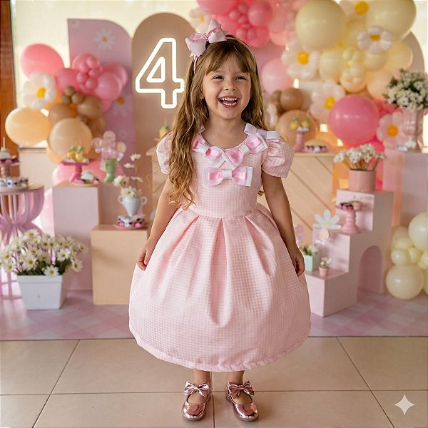 Vestido Miss Sweet Rosa Bebe Lacinhos