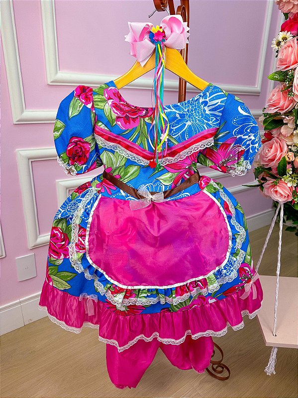 Vestido Junino Juquinha Avental e Babado Pink