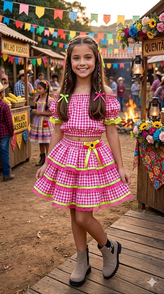 Conjunto Junino Banana Club Luxo Gabriela Xadrez Pink