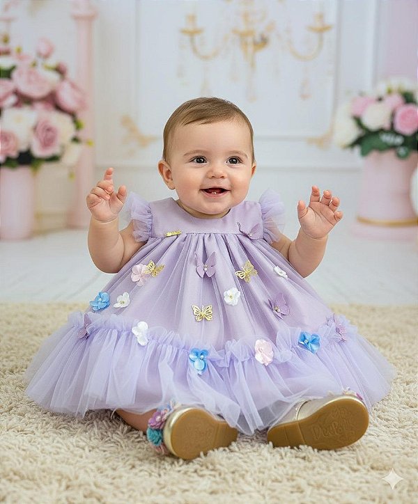 Vestido Vila Lele Jardim das Borboletas Baby Liz Lilas