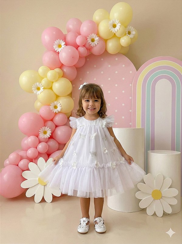 Vestido Vila Lele Jardim das Borboletas Baby Liz Branco
