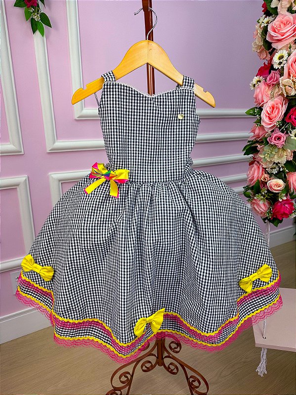 Vestido Banana Club Junino Luxo Arraia Feliz Preto
