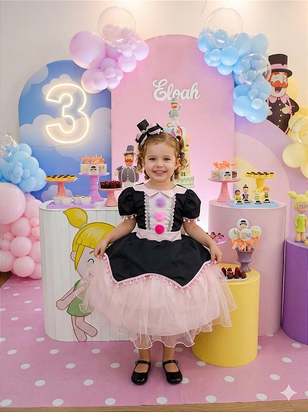 Vestido Temáticos Kids Mundo Bita Preto e Rosa