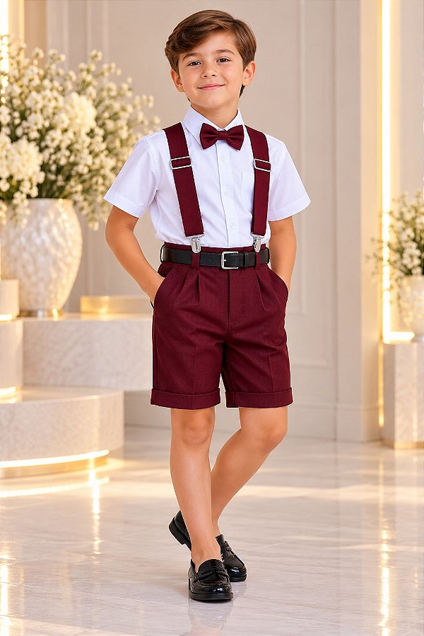 Conjunto Miss Cherry Meninos Social Shorts Ravi Marsala