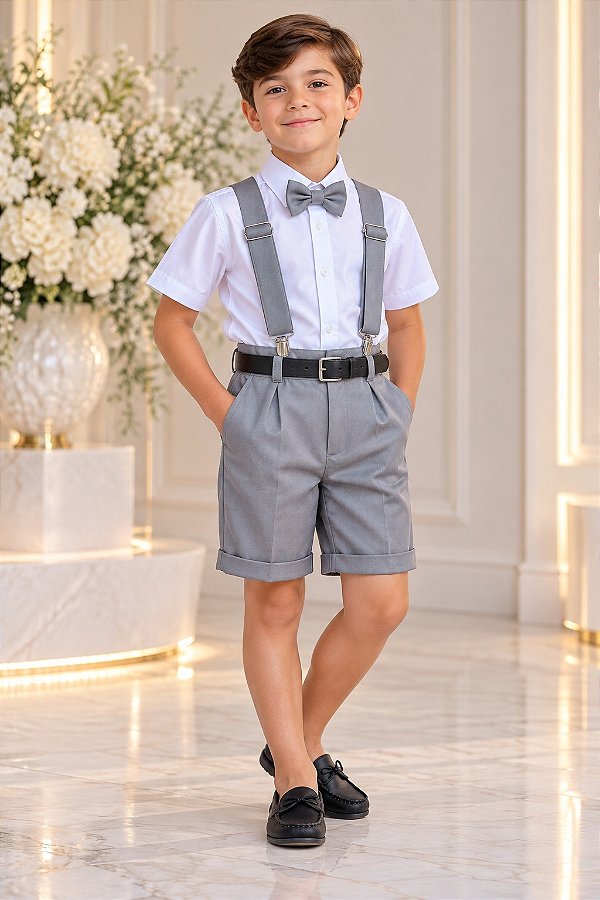 Conjunto Miss Cherry Meninos Social Shorts Ravi Cinza
