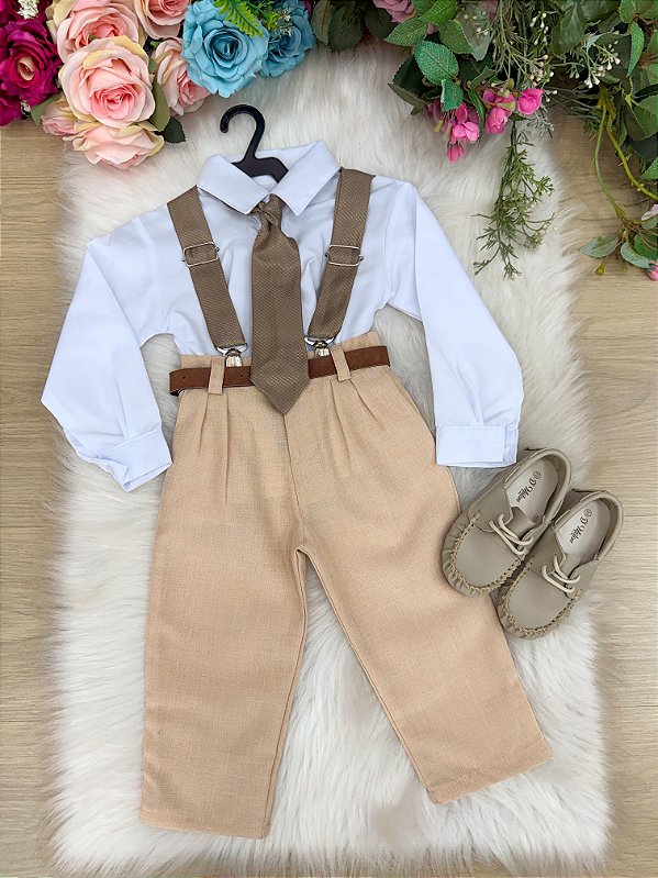 Conjunto Meninos Miss Cherry Rafael Suspensorio Caramelo-Beige