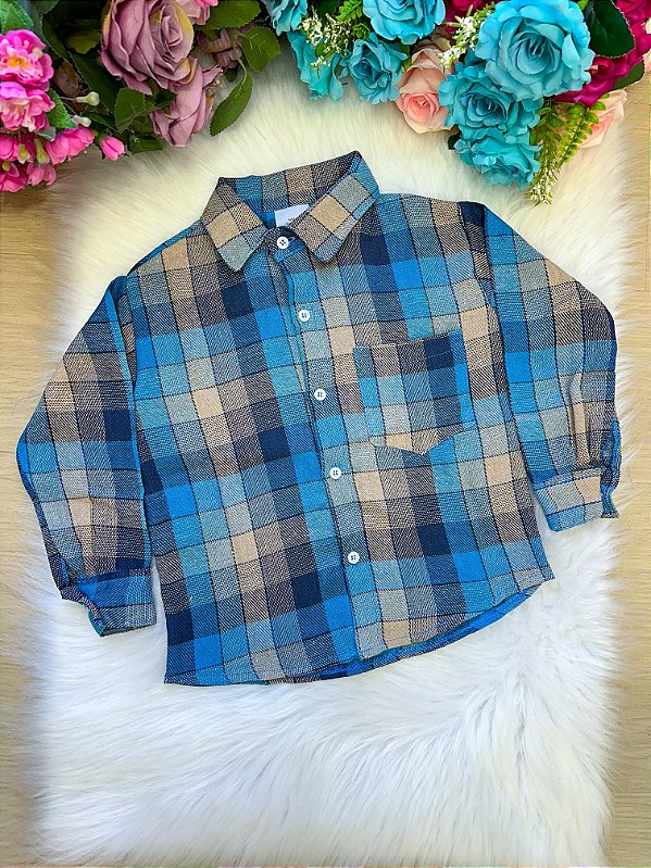 Camisa Xadrez Cinza e Azul Flanela/Flanelada Junina
